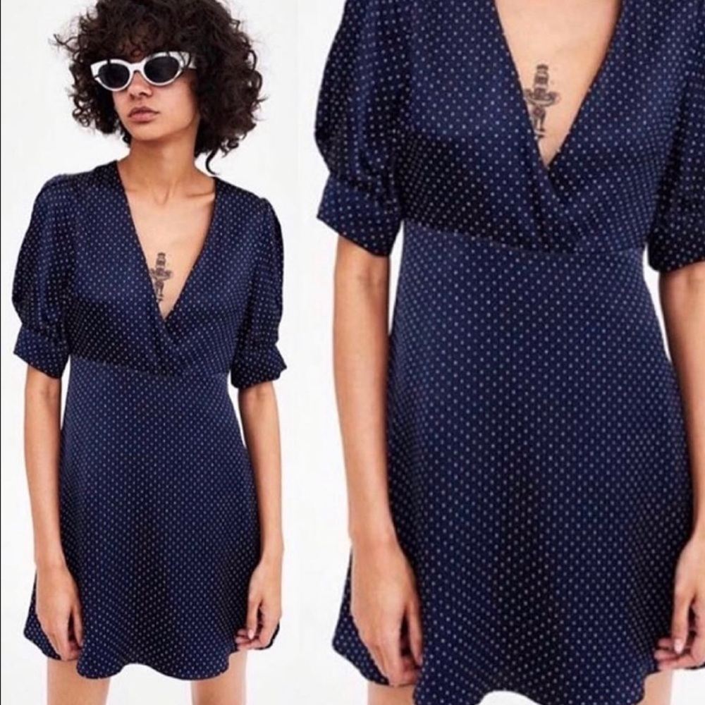 Zara polka dot navy blue puff sleeve mini dress size S